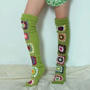GREEN Granny Square Crochet Over the Knee Socks